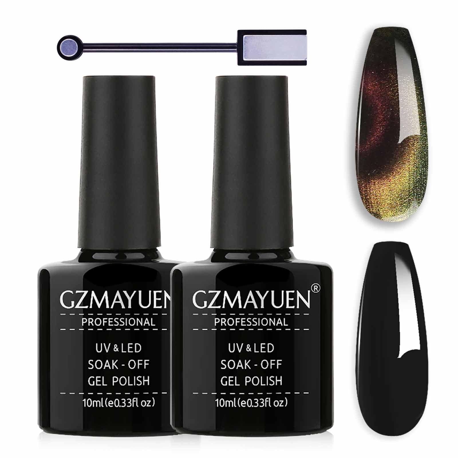 GZMAYUEN Cats Eye Gel Nail Polish Magnetic, 2Pcs 10ml 5D Cat Eye Gel Polish Set white Cat Eye Magnet, Soak Off UV LED Gel Nail Varnish 1