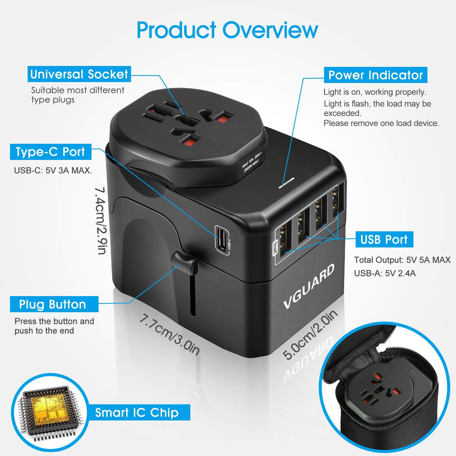 VGUARD Travel Adapter, Type C+4 USB Ports 10A International Universal Power Plug Adaptor with Detachable Europe(Schuko) Plug for USA EU UK AUS Compatible with China Japan Thailand 150+ Countries 1