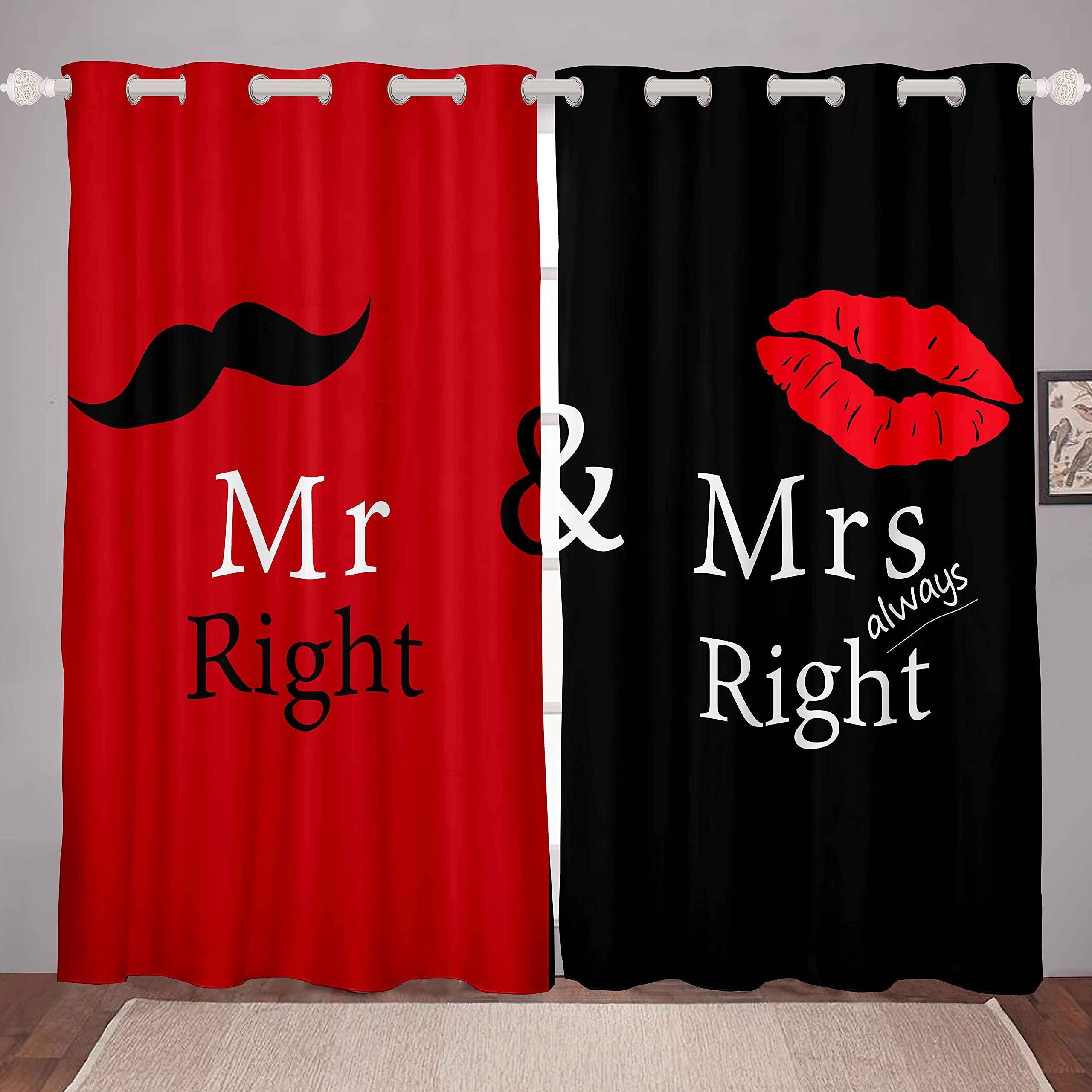 Mr Mrs Curtain Black Red Creative Window Curtain Love Man Mustache Woman Lip Romance Curtain Funny White Quote For Boys Girls Lover Couple Valentine Day for Bedroom Living Room W46*L54 0