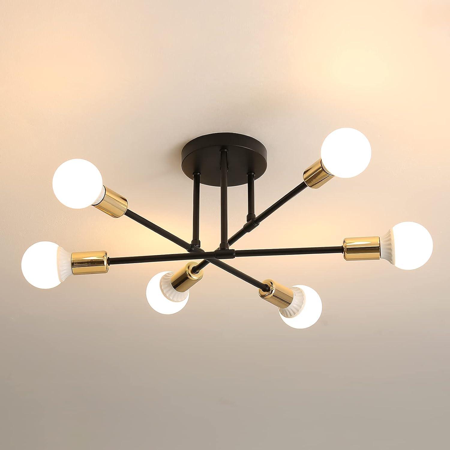 AOLALA Ceiling Light Chandeliers 6 Lights Modern Sputnik Ceiling Light Fitting, Industrial Semi Flush Mount Ceiling Lamp Gold and Black for Living Room Bedroom Kitchen Hallway Dining Room E27 4