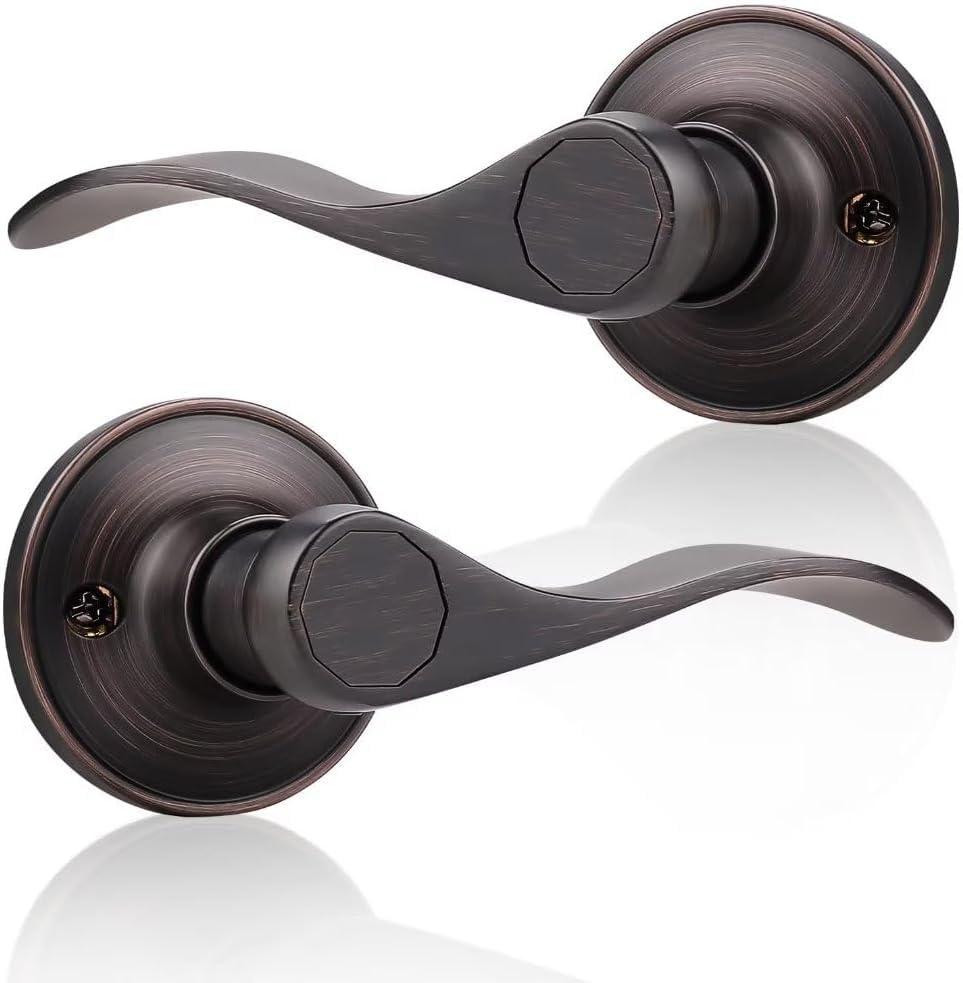 Probrico Dummy Lever Handle Sets, Oil Rubbed Bronze Dummy Handles for Both Sides, Internal Door Levers on Rose, Wave Style Dummy Handles for French Doors, 2-Way Adjustable, 4 Pairs 0