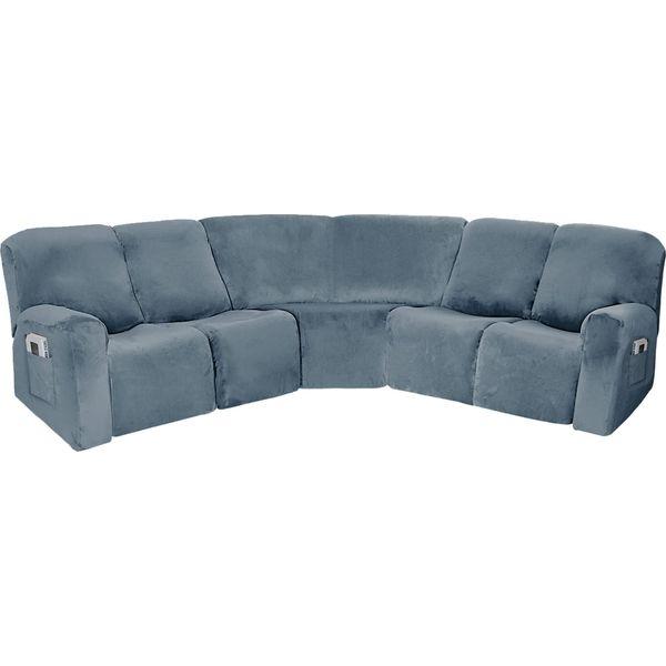EURHOWING 7-Piece L Shape Sectional Recliner Sofa Covers 4 Seater & 1 Corner Seat,Velvet Stretch Reclining Couch Cover Slipcover for Reclining L Shape 5 Seat Recliner Corner Sofa(Grey Blue,Velvet) 0