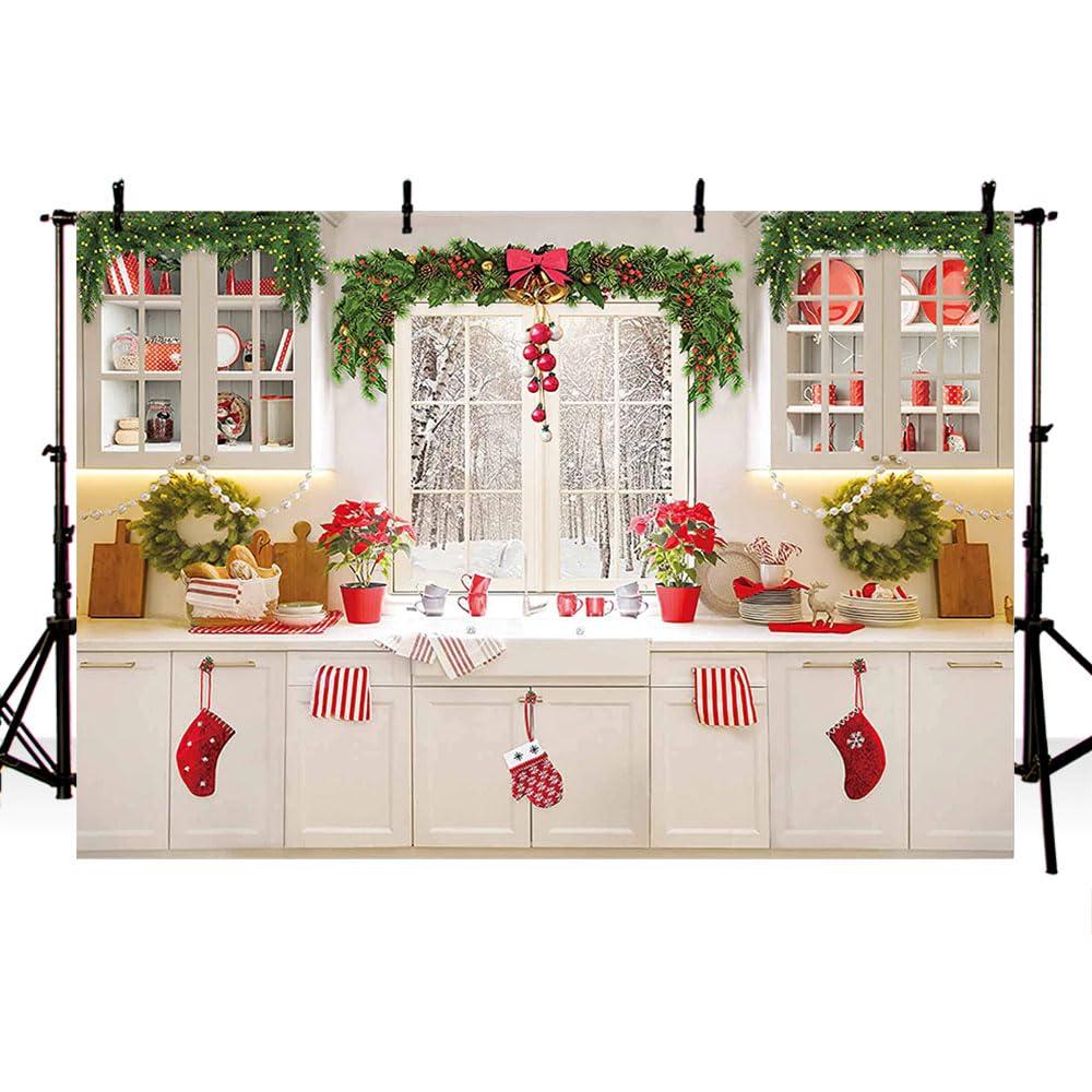 MEHOFOND 7x5ft Christmas Kitchen Backdrop Xmas Winter Cooking Indoor Photography Background Baby Shower Family Reunion Party Cake Table Decor Merry Christmas Photo Booth Props 0