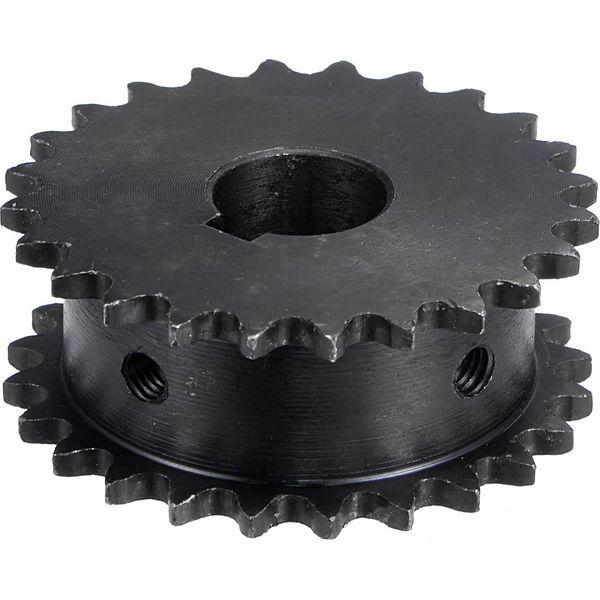 sourcing map 24 Tooth #25 Chain Roller Sprocket, Double Strand 1/4" Pitch, 15mm Bore Black Oxide C45 Carbon Steel with Keyway for ISO 04C Chains