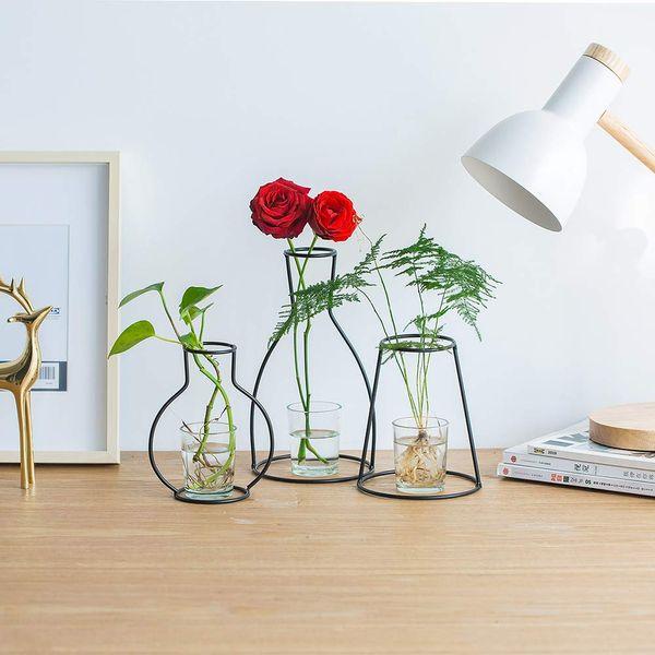 NUPTIO Set of 3 Creative Desktop Planter Set with Glass Cup Vases & Iron Metal Stand for Water Planting Flower Arrangement Decoration Gift for Home Wedding Centerpieces DÃ©cor (3 Pcs) 1
