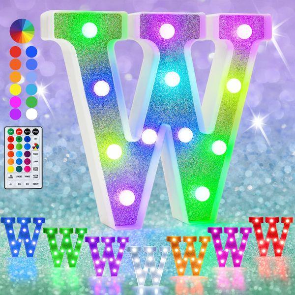 Colorful LED Marquee Letter Lights, RGB Shiny LED Letters with Remote, Glitter Light Up Letters Marquee Signs Battery Powered, Christmas Birthday Home Wedding Party Decoration, Letter W
