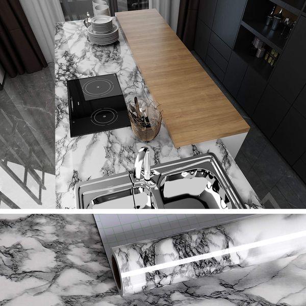 VEELIKE Marble Sticky Back Plastic Roll Vinyl Worktop Covering Marble Effect Wallpaper Waterproof Contact Paper White and Grey Vinyl Film for Table Fireplace Kitchen Countertop TV Unit 40cm x 900cm 0