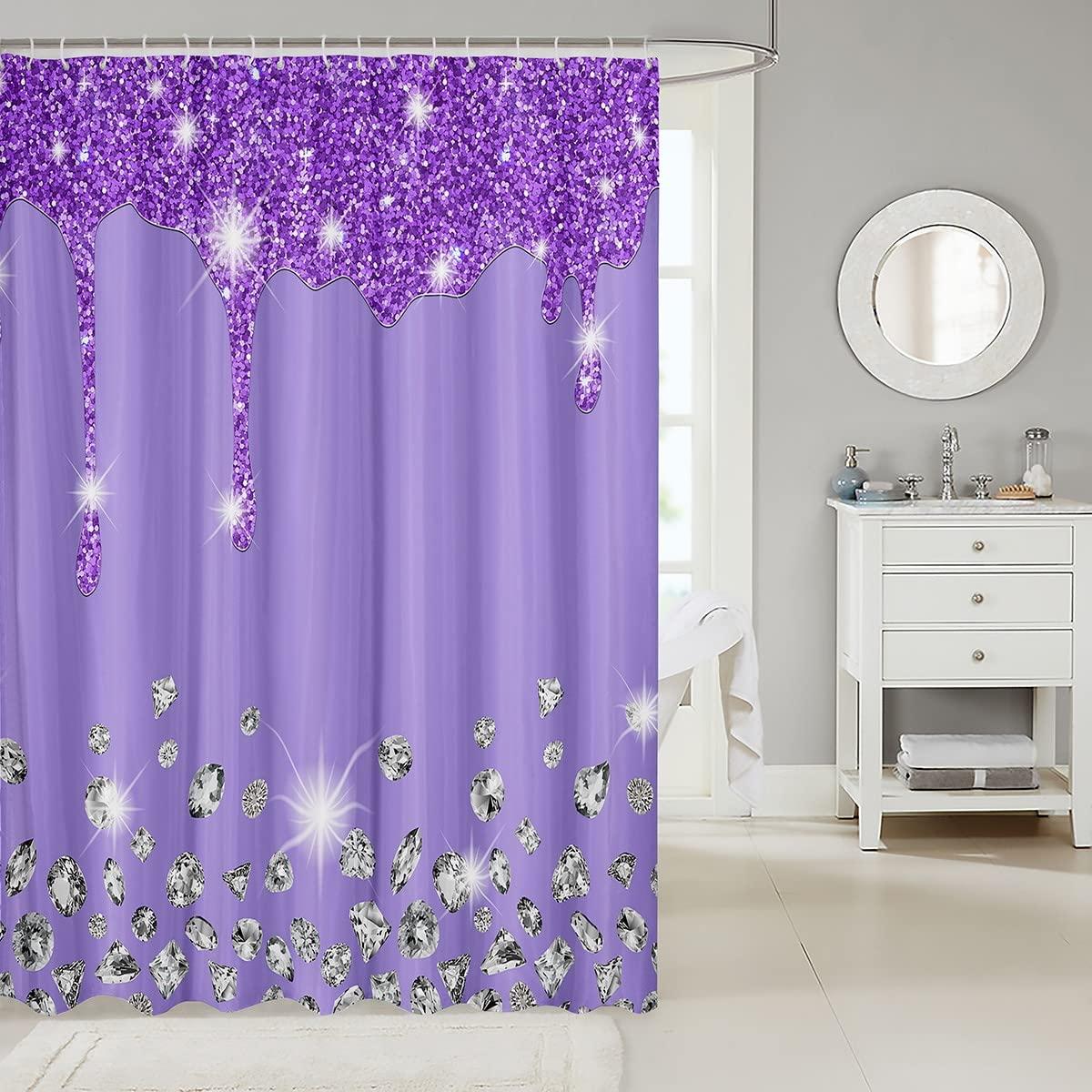 Loussiesd Silver Glitter Shower Curtain (No Glitter) Bling Partyations Purple Bathroom Fabric Shower Curtain Set for Diamond and Jewelry Bath Curtain Waterproof Curtains Stalls Bathtubs 72x94 Inch 1