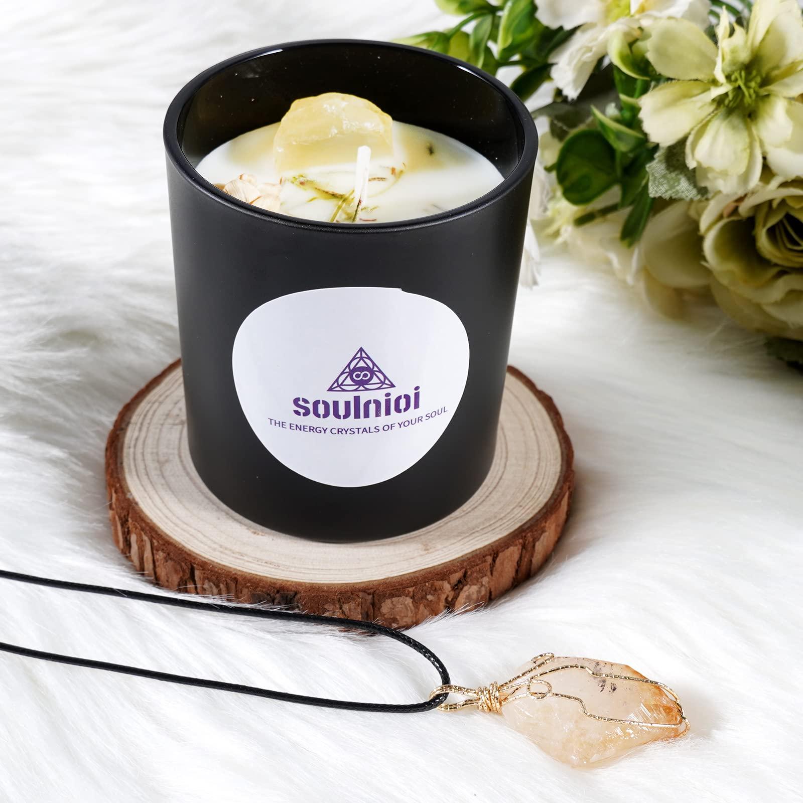 Soulnioi Scented Candle Set Black Cup Soy Wax Aromatherapy Candle with Crystal and Dry Flower Gardenia Fragrance and Citrine Crystal Pendant Necklace of Stress Realxtion for Wedding Birthday Gift 2