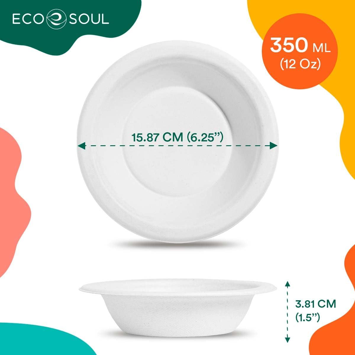 ECO SOUL Pearl White Round 350 ml(12oz) Bagasse Bowls, 10x Times Sturdy Than Paper Plates(Pack of 50), Disposable Tableware, 100% Compostable, Eco Friendly Alternative to Plastic Bowls, Microwavable 1