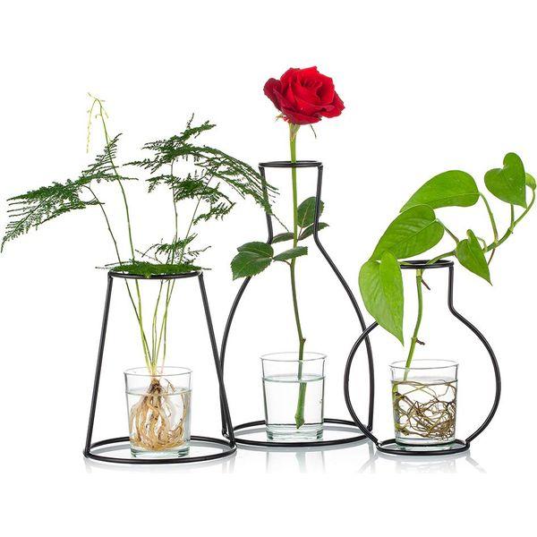 NUPTIO Set of 3 Creative Desktop Planter Set with Glass Cup Vases & Iron Metal Stand for Water Planting Flower Arrangement Decoration Gift for Home Wedding Centerpieces DÃ©cor (3 Pcs) 0