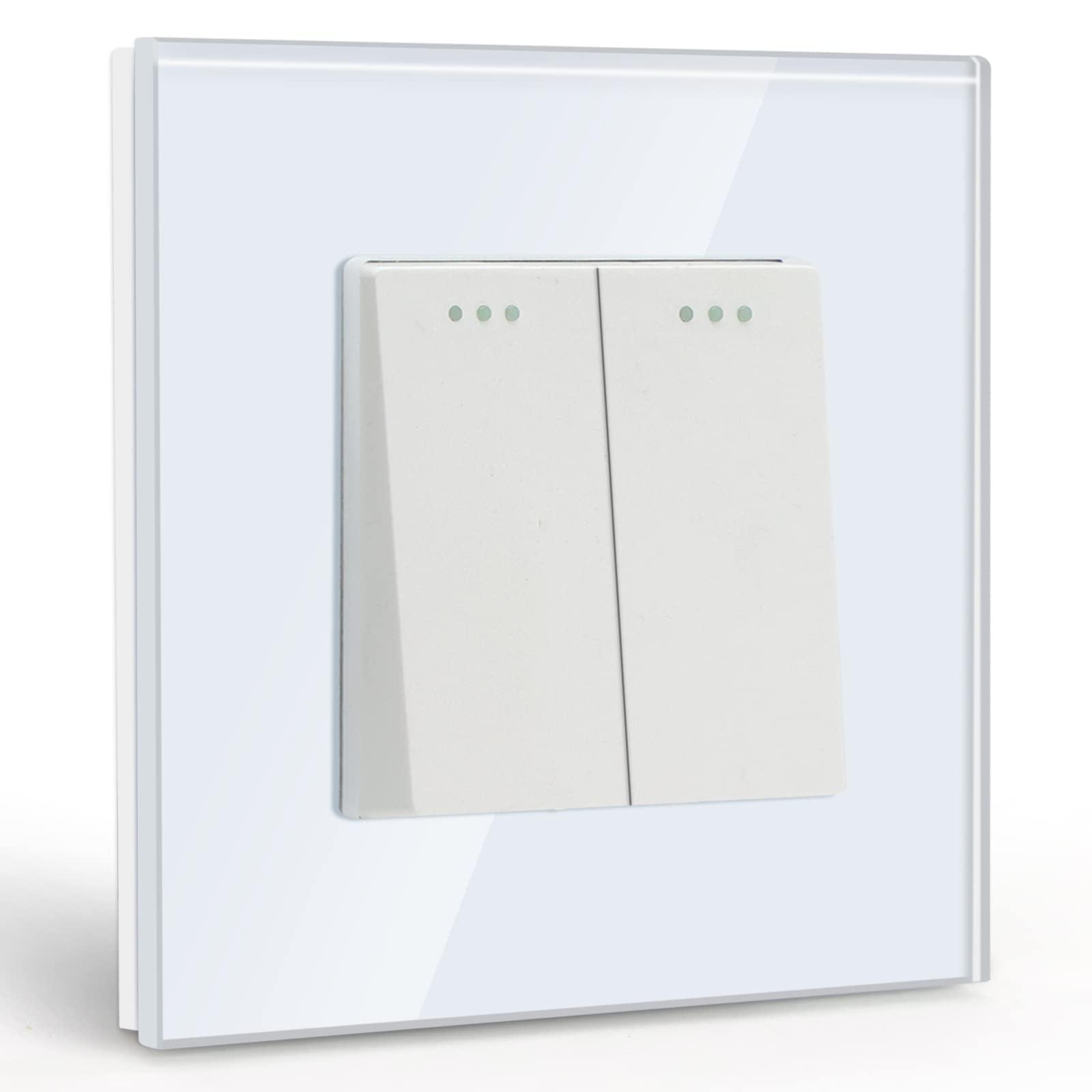 BSEED Light Switch 2 Gang 1 Way,Glass Light Switches,Screwless 10A Rocker Tactile Wall Switch,White Crystal Toggle Switch