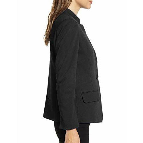 Roskiky Women's Stand Collar Work Blazer Suit Open Front One Button Casual Jacket Outerwear Black Size L 2