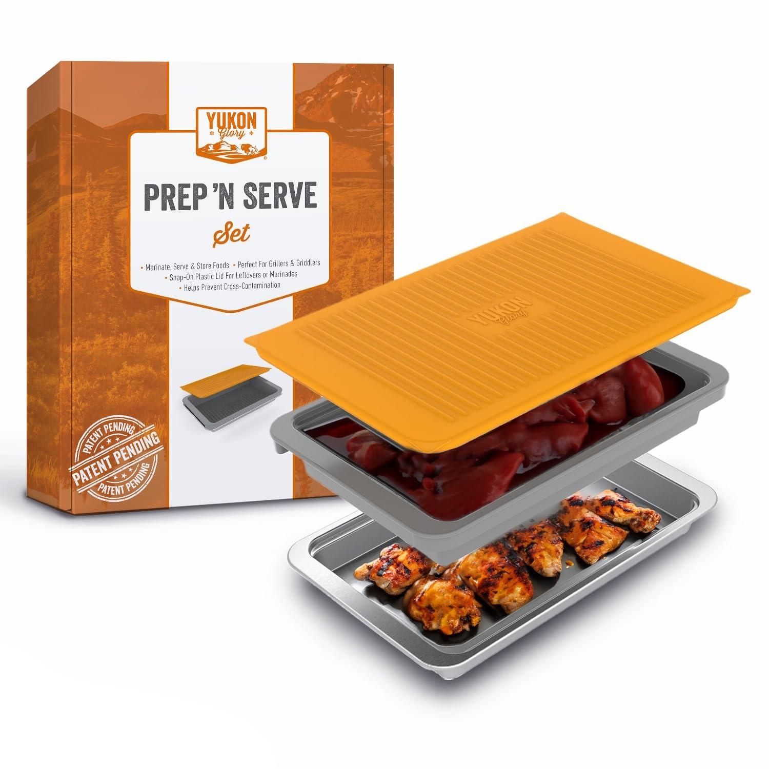 Yukon Glory Food Prep BBQ Tray - The Grill Prep Trays Include Plastic Marinade Container for Marinating Meat & Stainless Steel Serving Platter for All Your Grilled Barbecue - BBQ Prep 'N Serve Set 0