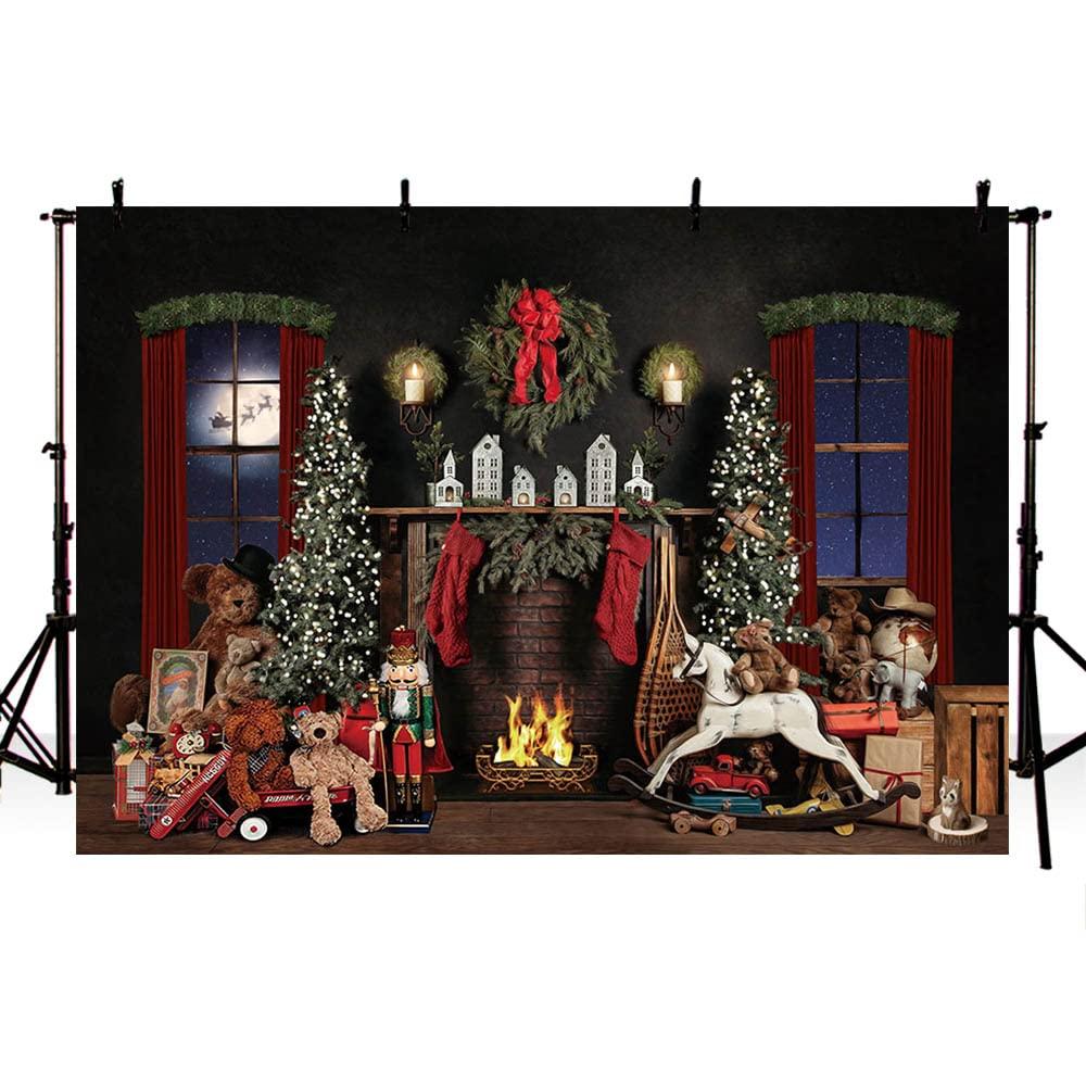 MEHOFOND 7x5ft Christmas Backdrop Xmas Tree Bear Fireplace Fire Christmas Wreath Toy Photography Background Family Festival Party Decoration Banner Portrait Photo Studio Props Supplies 0