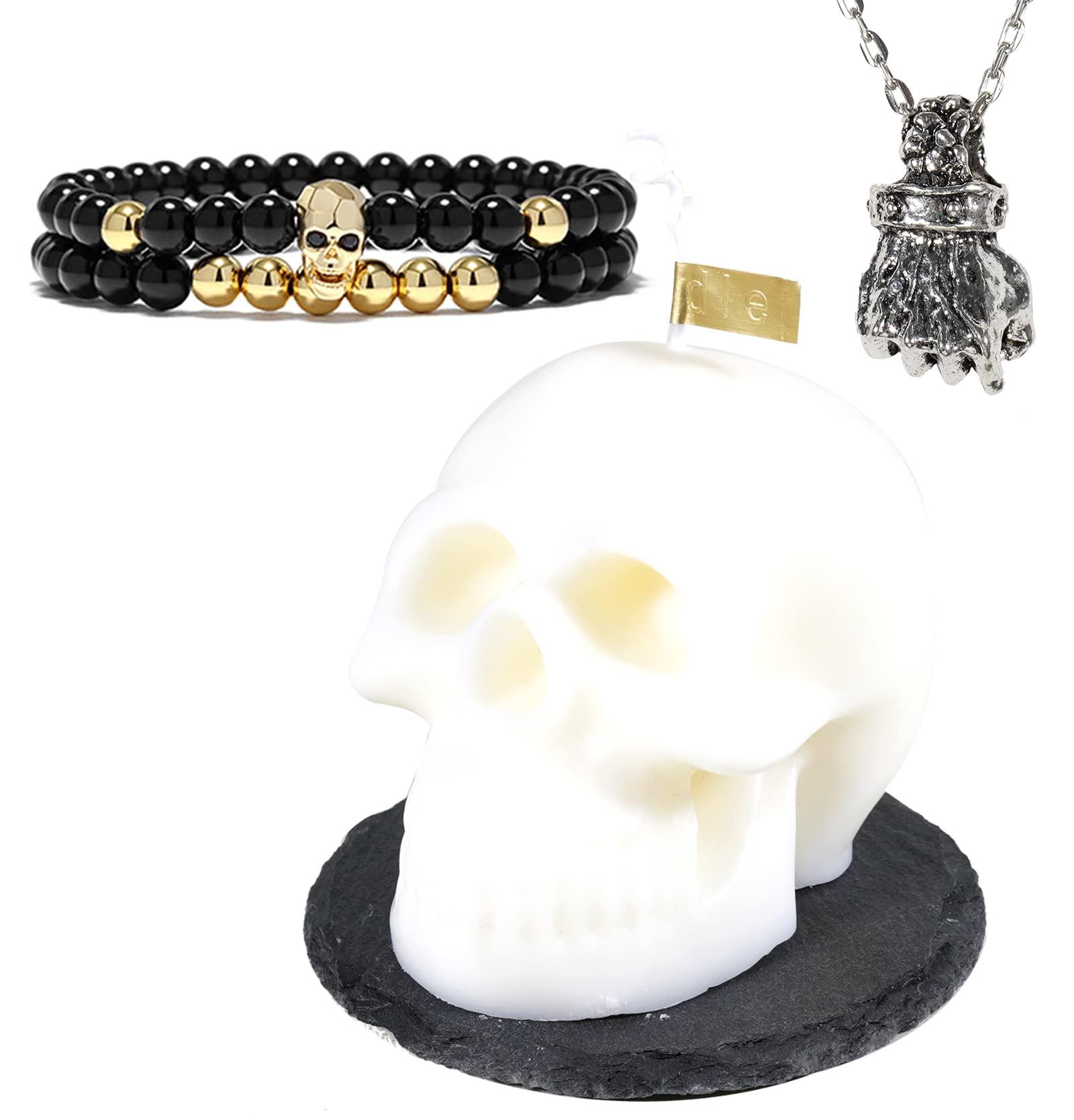 Soulnioi White Skull Candle Scented Soy Wax Candle Burning Time(10-15H), Black Stone Coaster for Candle, 2pcs Obsidian Beaded Bracelets Skull Charm, Antique Silver Fist-Shaped Necklace with Chain 0