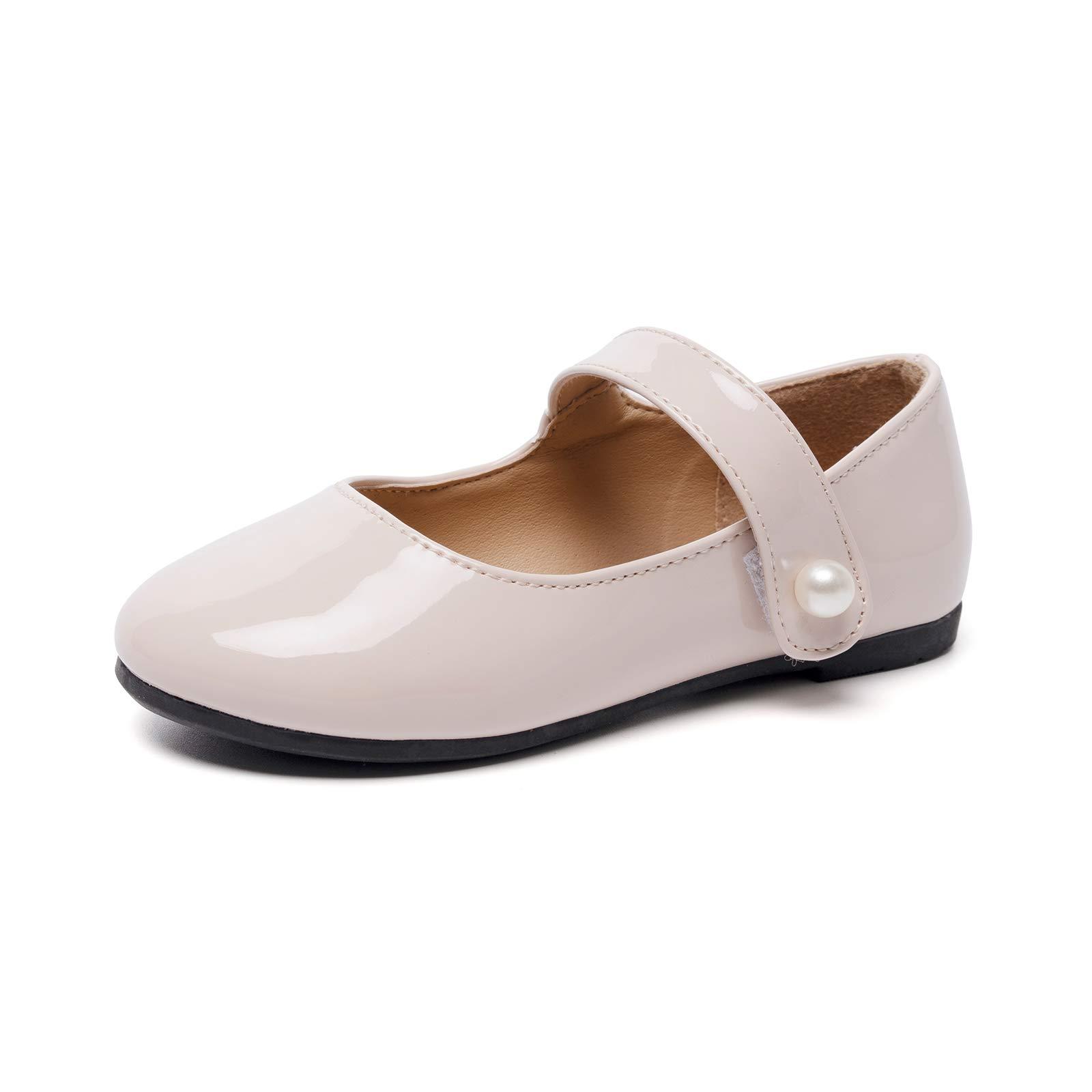 HEVA Classic Mary Jane Shoes for Girls Hook and Loop Wedding Dress Flats School Shoes(9.5UK 27EU,Nude)