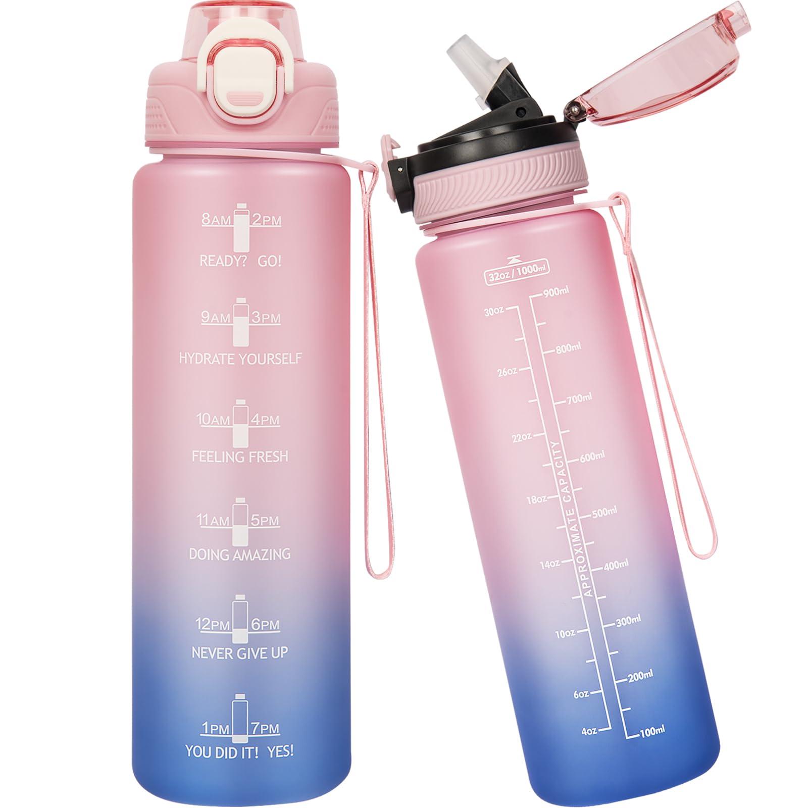 Seekua Sports Tritan Water Bottle 2l with Straw & Time Markings, Large Motivational Daily Drinking Bottle with Strap for Gym, Travel, 2 Lids, 2 Litre