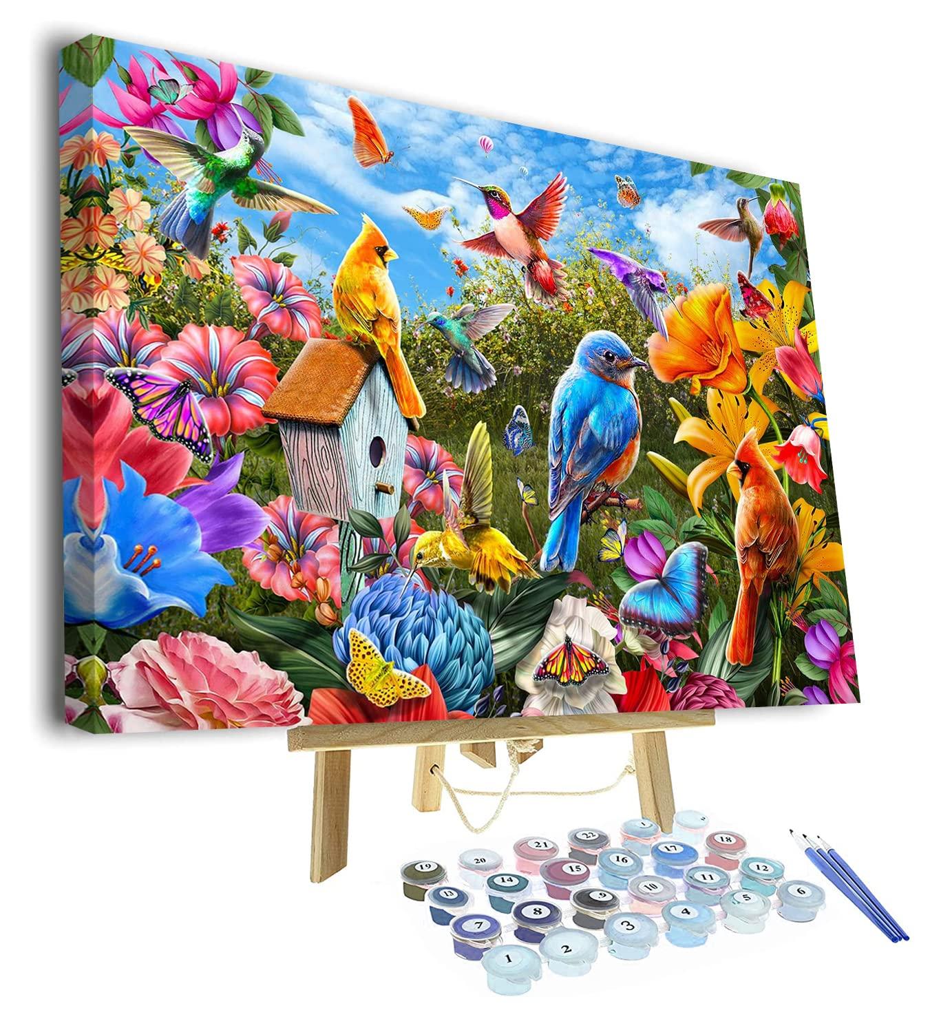 Paint by Numbers for Adults, DIY Birds Adult Paint by Numbers Kits, Butterfly and Flower Paint by Numbers with Brushes and Acrylic Pigment, 16X20 Inch Painting by Numbers Crafts for Adults Framed