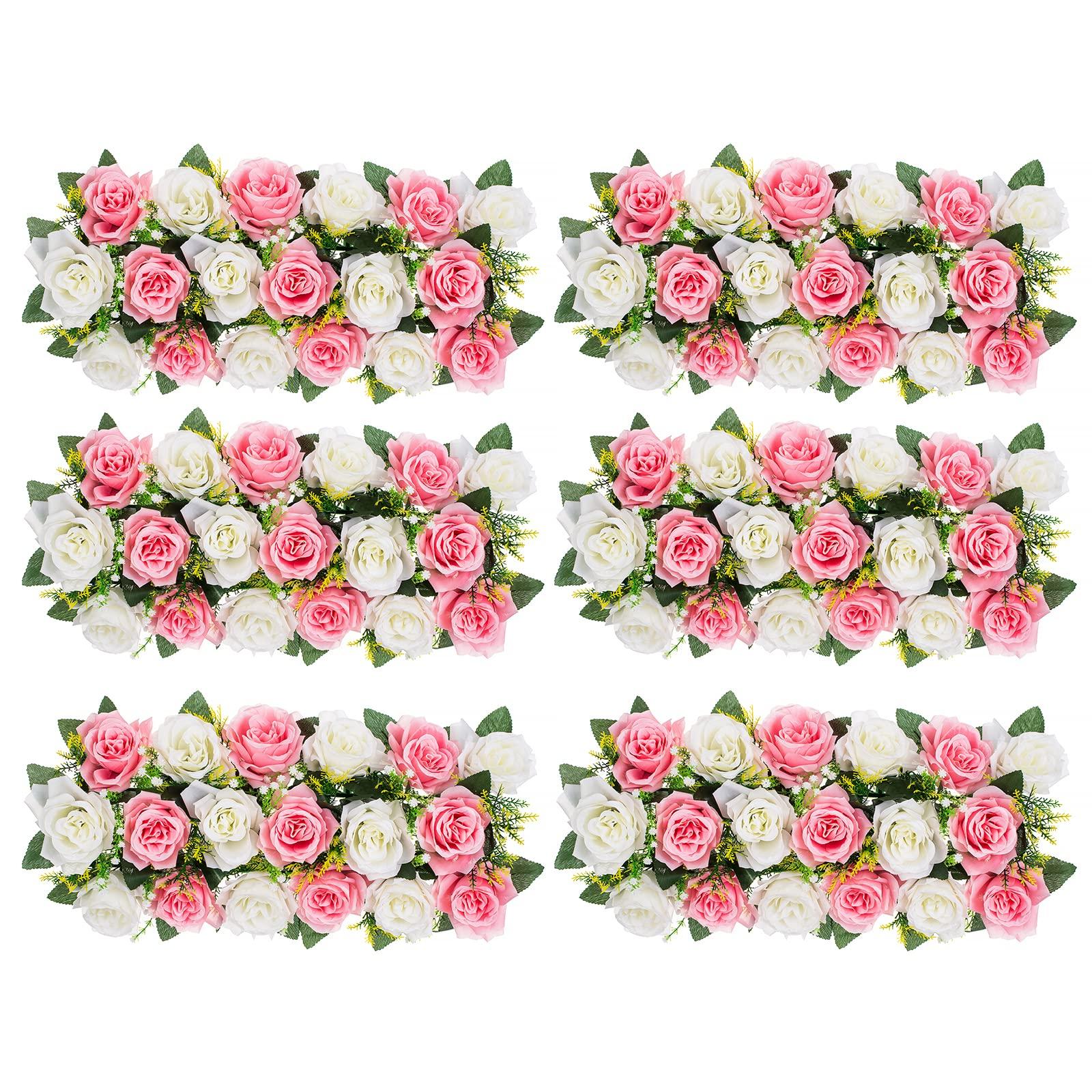 BLOSMON Artificial Flowers Wedding Centerpieces Decorations Fake Flowers 2 Pcs Pink&White Silk Rose Floral Arrangement Dinning Table Runner Centerpiece, Rose Flower for Room Reception Table Decor