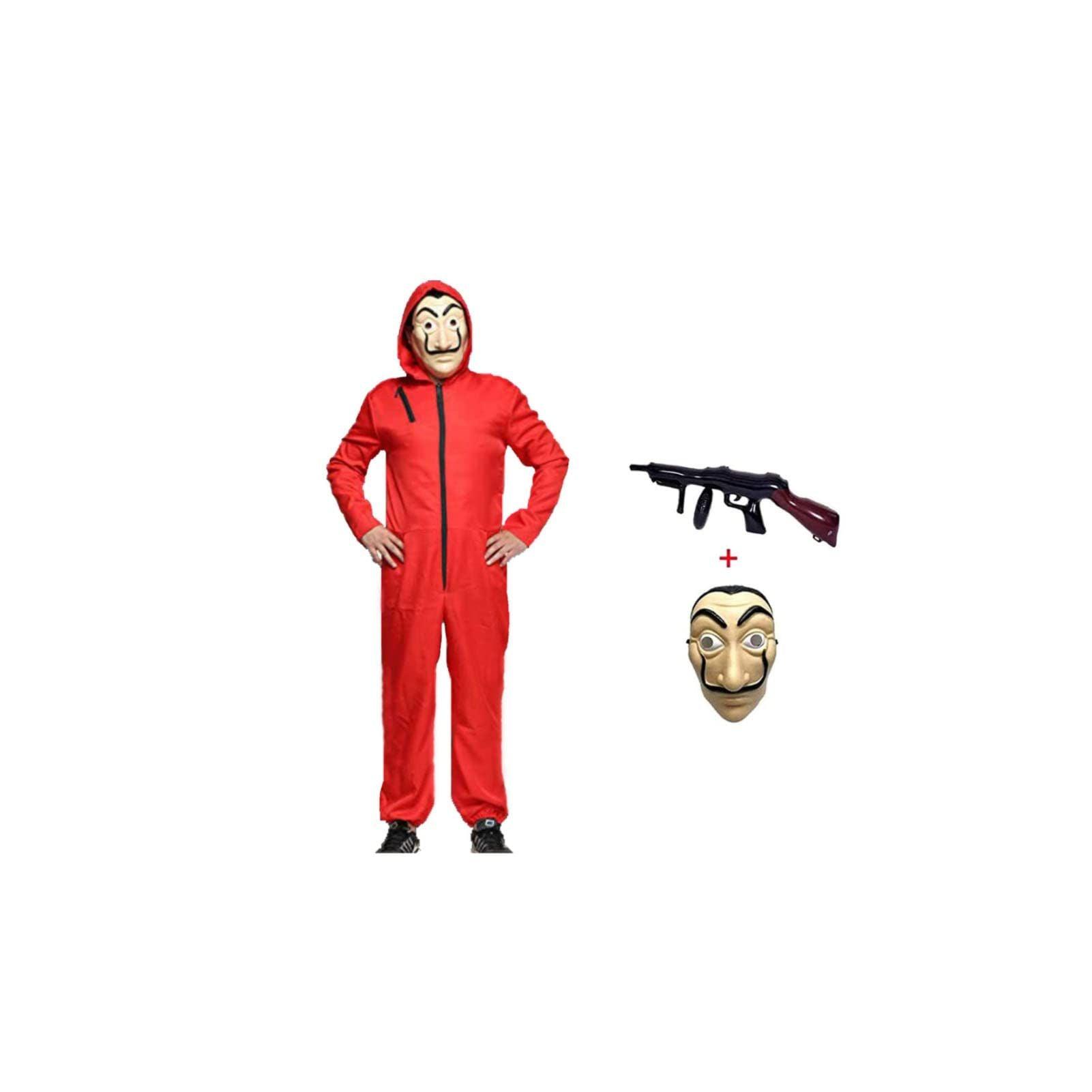 Anxicer Halloween Costume Bank Robber Jumpsuit for Carnival Thief Costume Jumpsuit Red Long Sleeve Romper with Hood, Cosplay Set Mask and Machine Gun Carnival Costume (Adult-S) 0