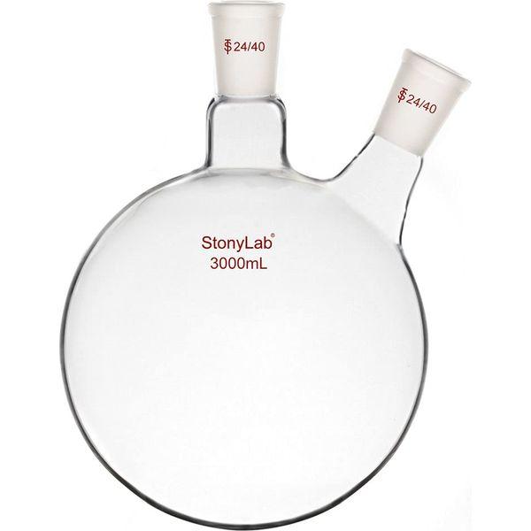 StonyLab Glass 3000ml Heavy Wall 2 Neck Round Bottom Flask RBF, with 24/40 Center and Side Standard Taper Outer Joint (3000ml)