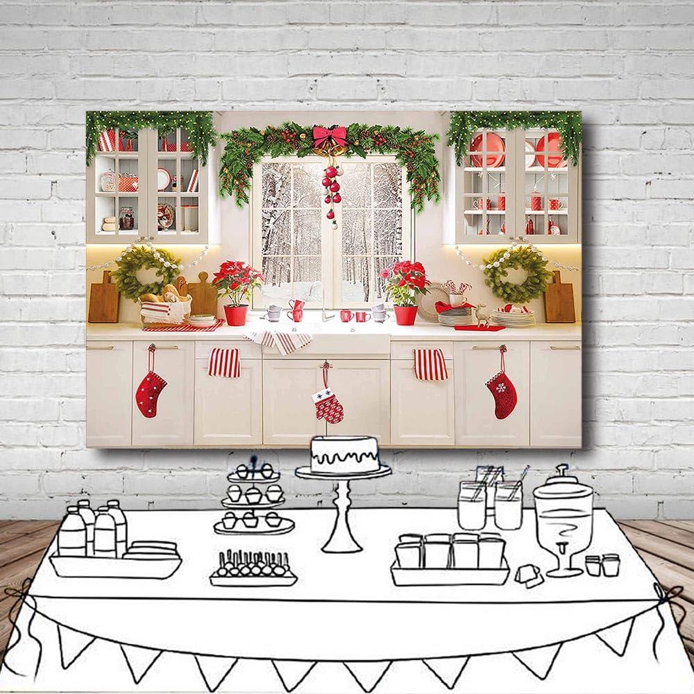 MEHOFOND 7x5ft Christmas Kitchen Backdrop Xmas Winter Cooking Indoor Photography Background Baby Shower Family Reunion Party Cake Table Decor Merry Christmas Photo Booth Props 4