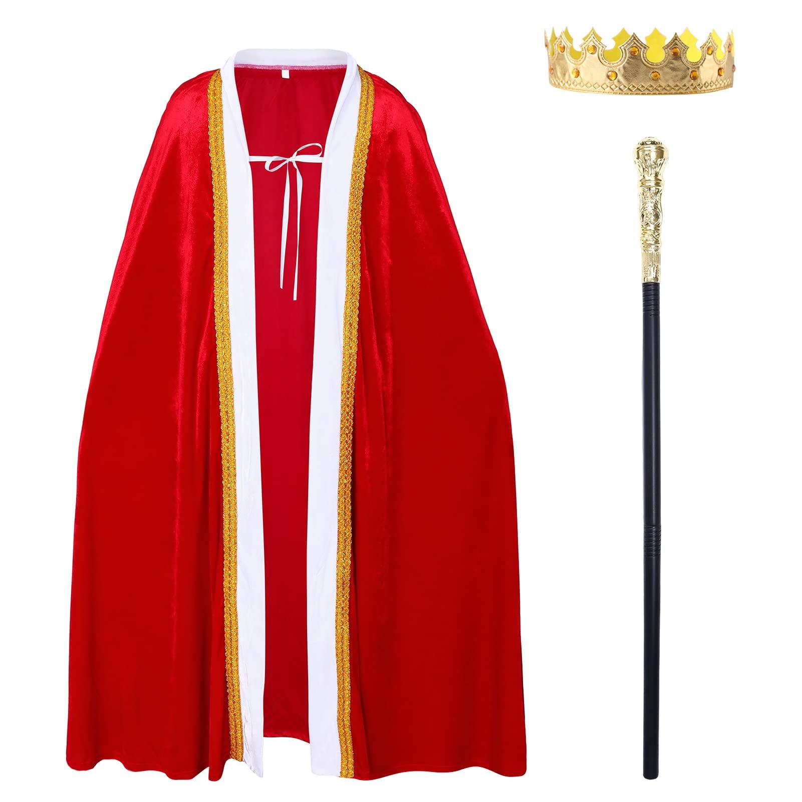 Alaiyaky King Cape Set for Kids and Adults, Halloween Costume King's Cloak with Golden Crown and Scepter, Red Cape Suit for Halloween Carnival Parades Parties, Unisex (Adults, S) 1