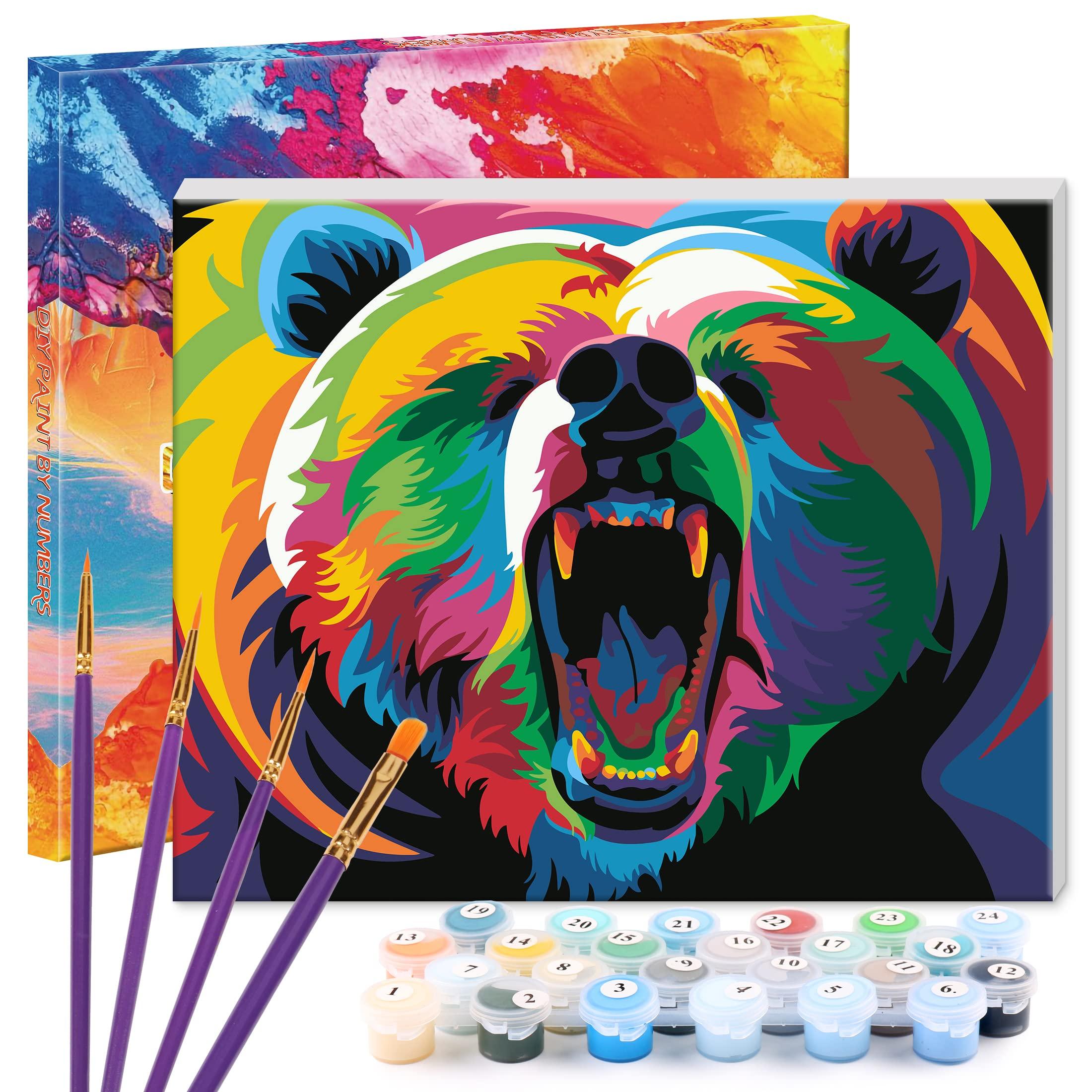WISKALON Paint by Numbers Animals for Adults Kids DIY Oil Painting by Numbers Kits on Canvas with 3X Magnifier, Acrylic Paints and Brushes - Colorful Bear 40cm x 50cm (Wooden Frame)