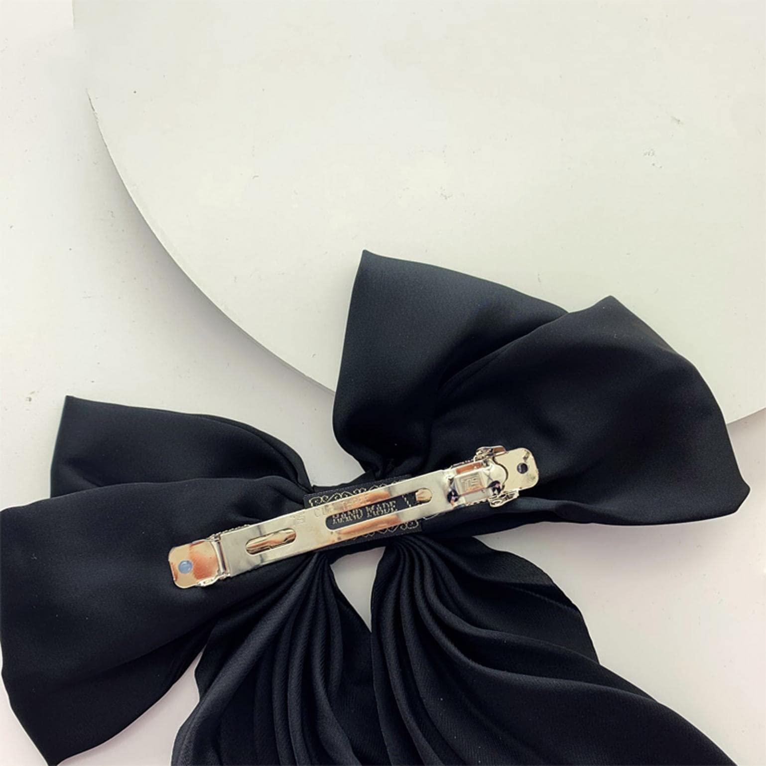 LULUZ Large Hair Bows for Women Big Bow Hair Clip Girl Elegant French Ribbon Barrette with Long Silky Tail Solid Color Bowknot Hairpin Black 3