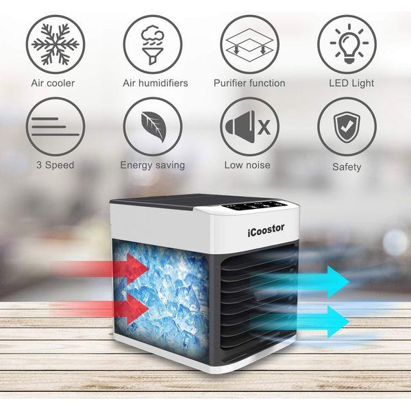 iCoostor Personal Space Air Cooler | Portable Evaporative Air Cooler | Humidifier with Touch Button & Remote Control & 3 Speed Levels &7 LED Light & Waterless Protect & Timer for Every Situation 1