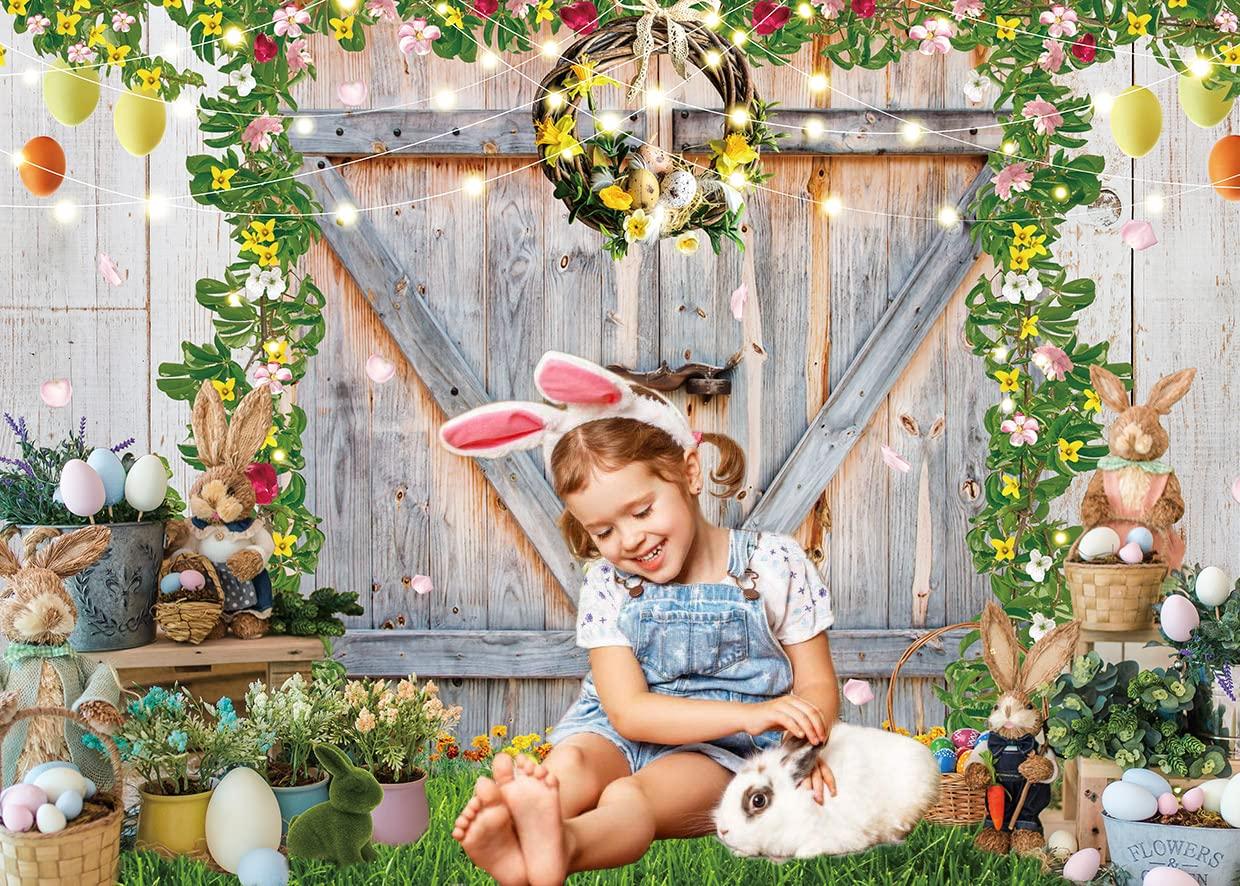 8x6ft Easter Backdrop Spring Garden Rabbit Eggs Photography Background Rustic Wooden Barn Door Floral Grass Bunny Stand Decoration Pary Supplies Baby Shower Banner Background 1