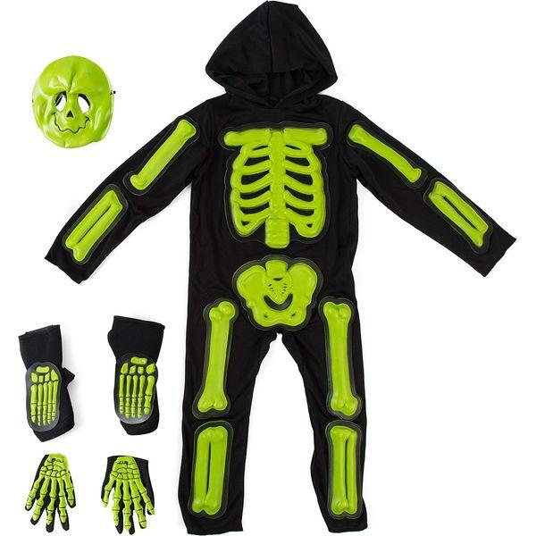 IKALI Kids Halloween Skeleton Costume, 3D Glow in the Dark Bone Jumpsuit 4pcs For Age 4-6 Years 1