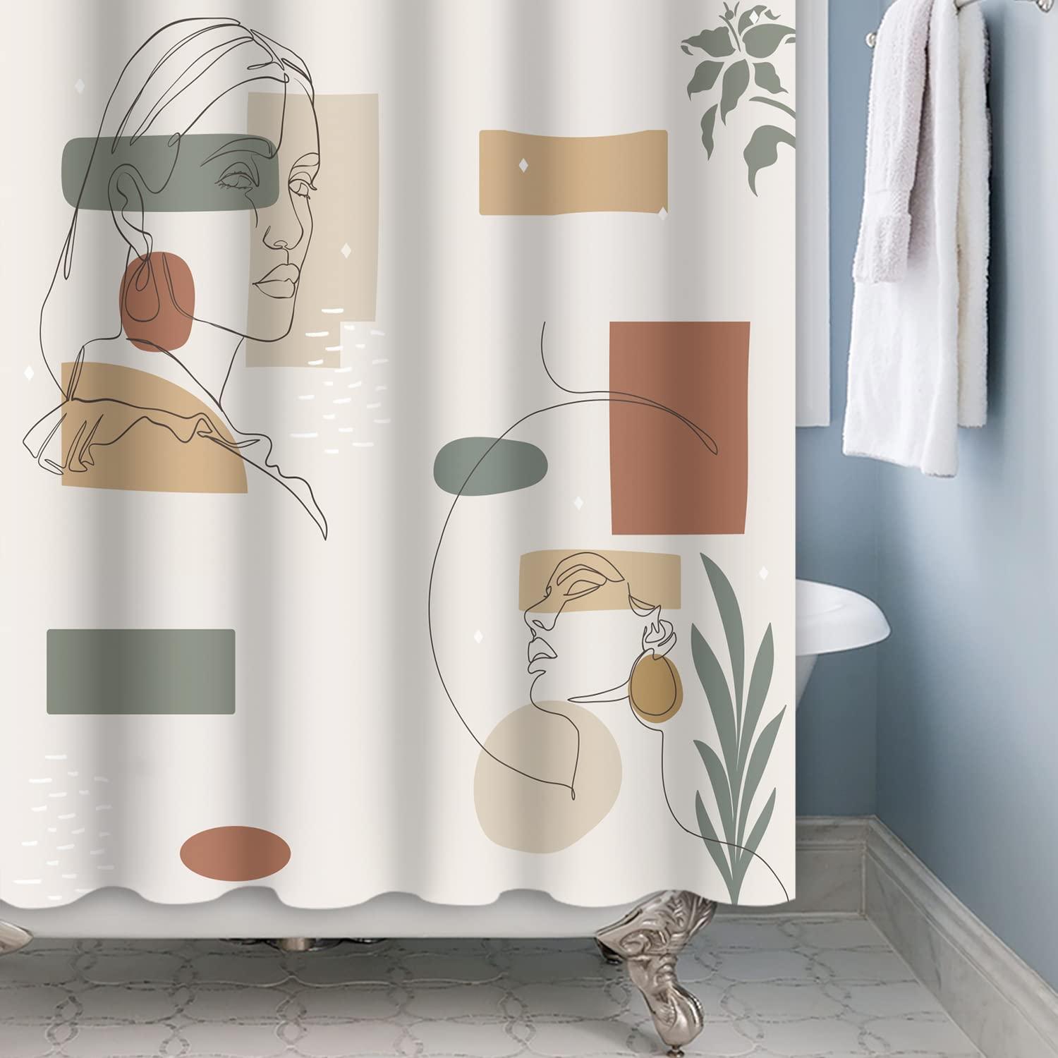 Bovlleetd Abstract Shower Curtain Boho Bath Curtain Medieval Art Shower Curtains Line Beauty Woman Face Bathroom Decorative Curtain Plant Waterproof Bathtub Curtain 71x71inch 3