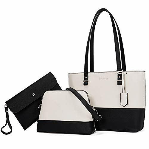 Womens Handbag Leather Tote ladies handbags Top Handle Shoulder Bag 3pcs Set Beige with Black 1