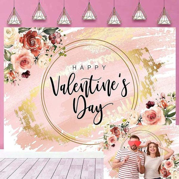 Happy Valentines Day Backdrop 8X6FT Valentine Day Backdrops for Photography,Watercolor Pink Flowers Sweet Love Theme Background Wedding Bridal Shower Party Decoration Banner Props 0