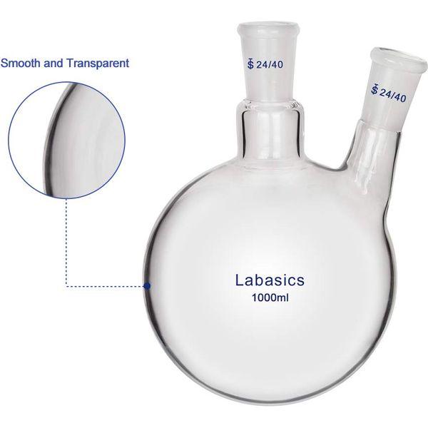 Labasics Glass 1000ml 2 Neck Round Bottom Flask RBF, with 24/40 Center and Side Standard Taper Outer Joint, 1000ml 2