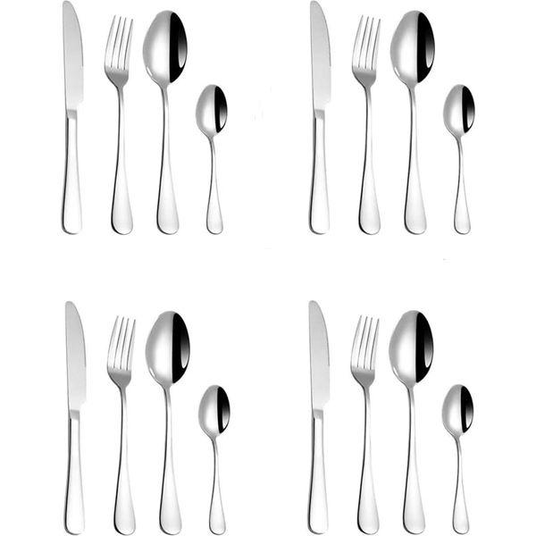 TZMY-EU Knife and Fork Set 16-Piece Cutlery Set Silver Stainless Steel Flatware Set Service for 4 Silverware Set for Home Kitchen Party Travel School 0