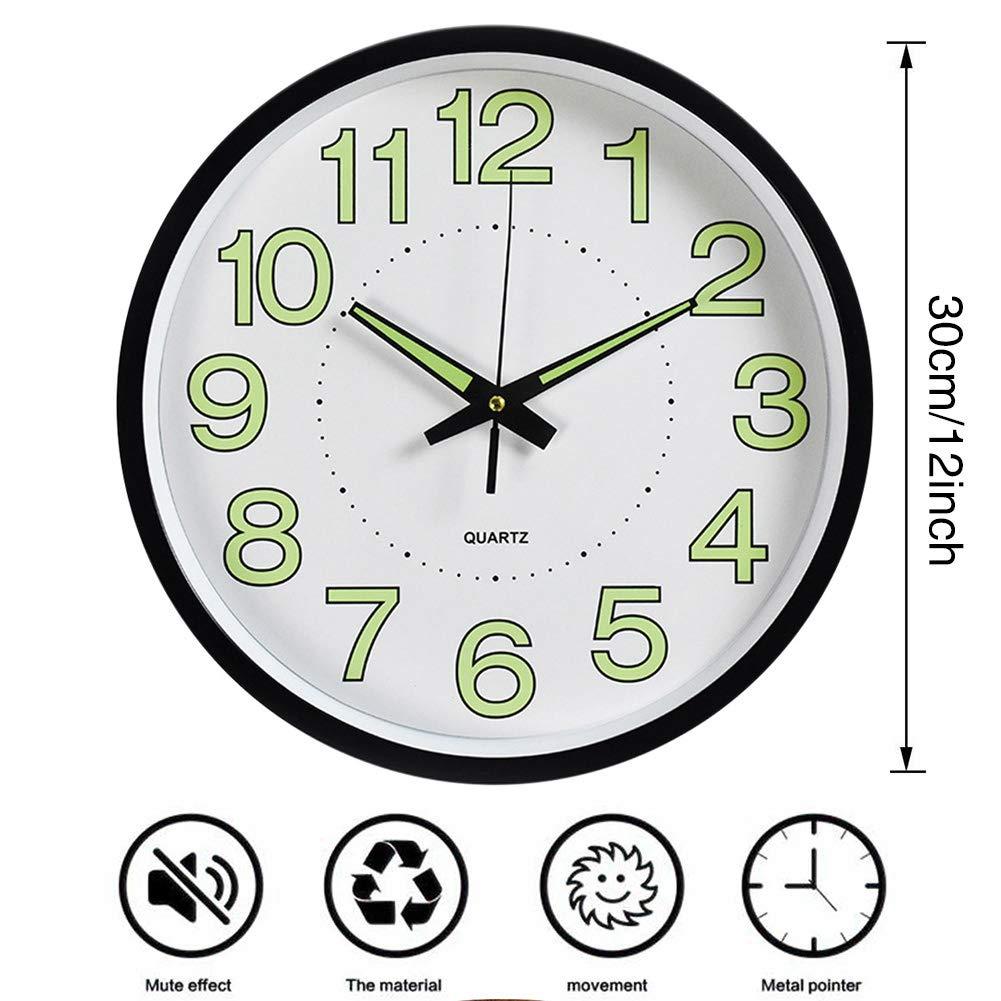 Warmiehomy Luminous Wall Clock 12 Inch Small Round Night Light Wall Clock for Living Room,Silent Non Ticking Black Wall Clock Battery Powered Light Up Wall Clock for Bedroom,Day & Night Both Use 1