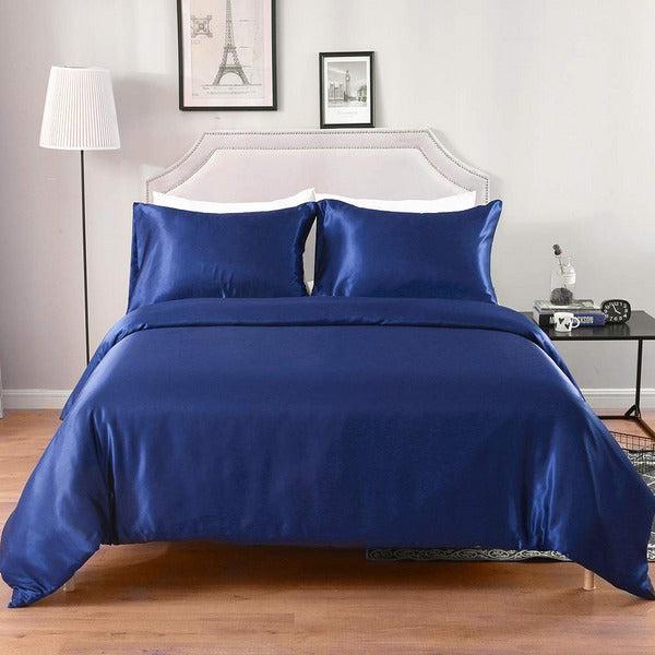 Hotniu Full Satin Silk Duvet Cover Sets - Soft Silky 2 Piece Comforter Cover Set - All Season, Shiny Vibrant Bedding Set With SHAM (Single Size, Navy blue) 1