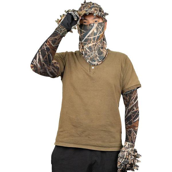 Tongcamo Hunting Face Mask Gaiter with Ghillie Hat, Camouflage Gloves Leafy, Arm Sleeves for Men Women Waterfowl Tree Camo Duck Turkey Hunting Blinds, 6 pack Hunting Accessories 1