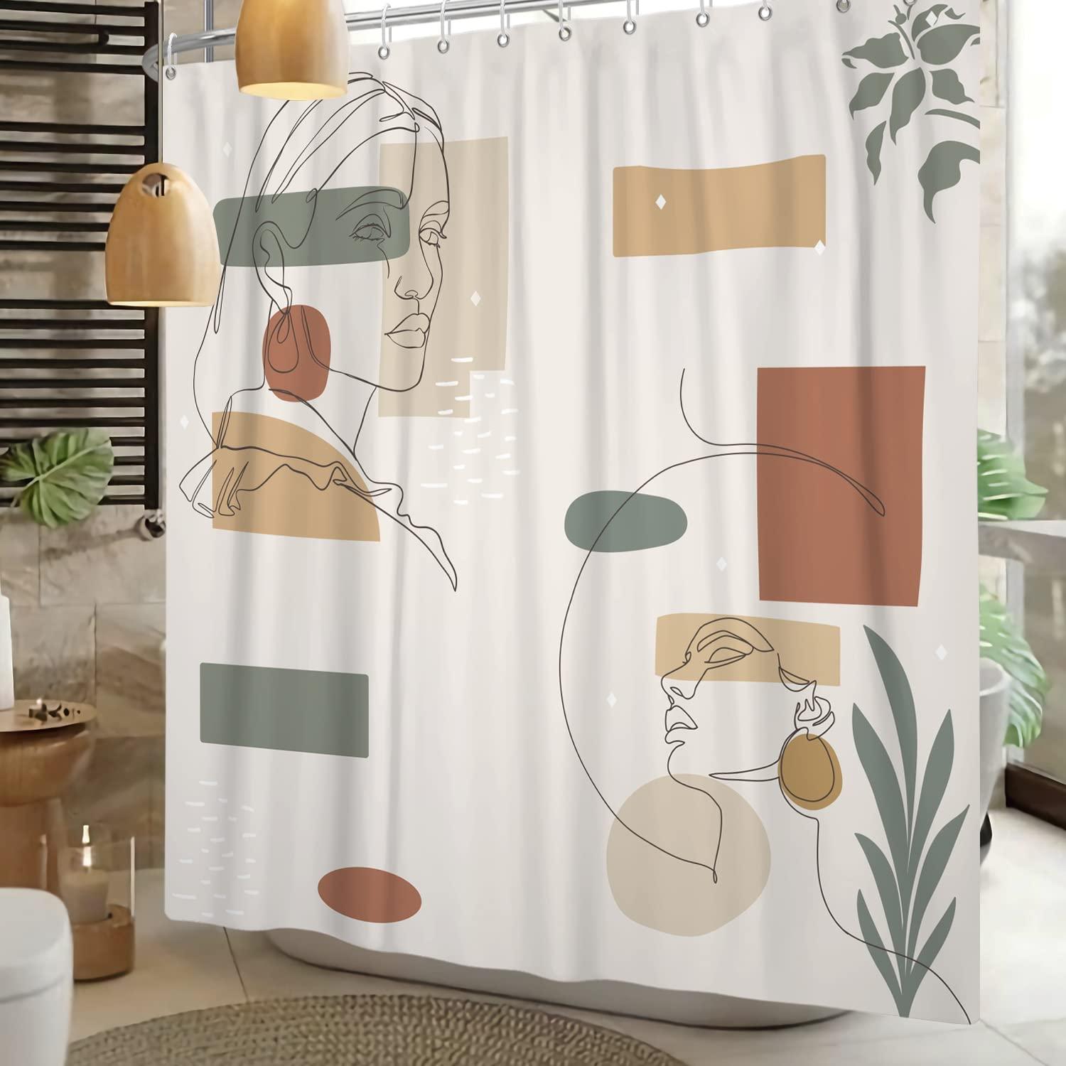 Bovlleetd Abstract Shower Curtain Boho Bath Curtain Medieval Art Shower Curtains Line Beauty Woman Face Bathroom Decorative Curtain Plant Waterproof Bathtub Curtain 71x71inch 4