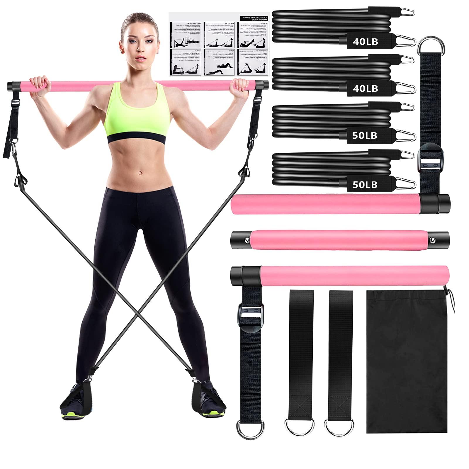 Qicool Pilates bar set, Adjustable Pilates bar kit with 4 resistances bands-2x40lbs,2x50lbs, foam handle and door anchor. Portable fitness equipment for at home, for yoga, stretching, shaping Pink