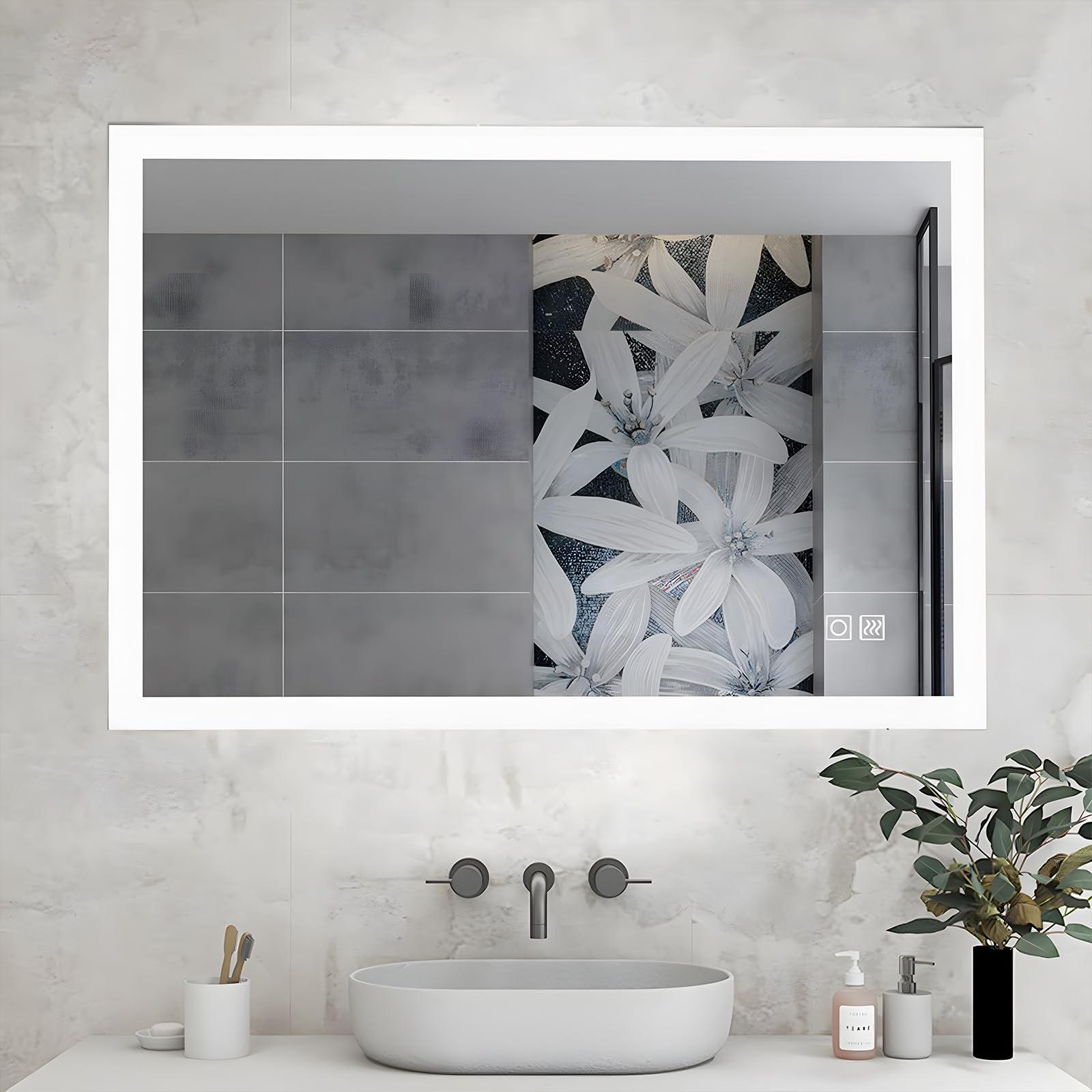 MIQU Bathroom Mirror 600 x 500 mm with LED Light, Rectangular Large Illuminated Wall Mounted Makeup Mirror with 3 Colors Light & Anti-Fog for Bath,Bedroom,Hallway,Living Room
