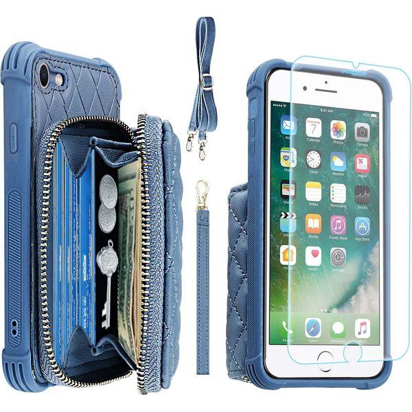 MONASAY Zipper Wallet Case for iPhone SE 2022/2020/8/7,[Glass Screen Protector] [RFID Blocking] Leather Handbag Phone Cover with Card Holder & Crossbody Lanyard Strap for Apple 7/8/SE2/SE3,Light blue