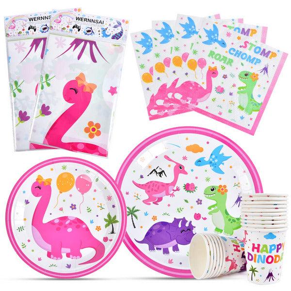 WERNNSAI Dinosaur Tableware Set - Dino Party Supplies for Girls Disposable Dinner Dessert Plates Napkins Cups Tablecloth Serves 16 Guests 66 Pieces