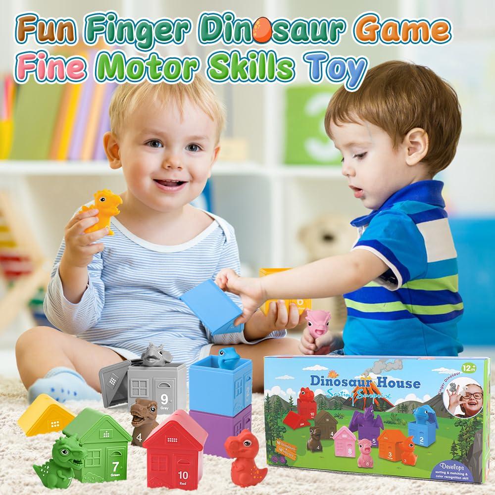 Mini Tudou Montessori Toys for 1,2,3 Year Old,20 Pcs Dinosaur Learning Toys with Finger Puppets & Stacking House,Counting & Matching & Sorting Fine Motor Games,Sorting Toys for Toddlers 1-3 4