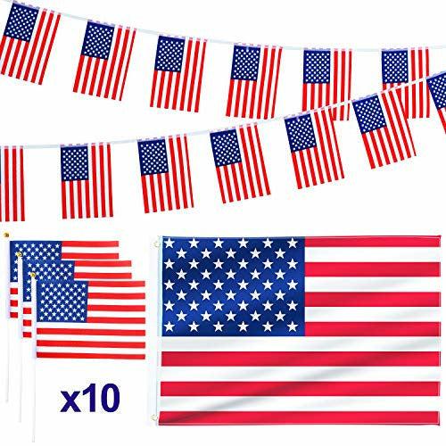 Whaline 12 Pack American Flag Set, 3x5ft USA National Flags, 10 Pieces Hand Held Small American Flags and American String Flag for Independence Day Theme Party Parades Decorations and Sports Events 0