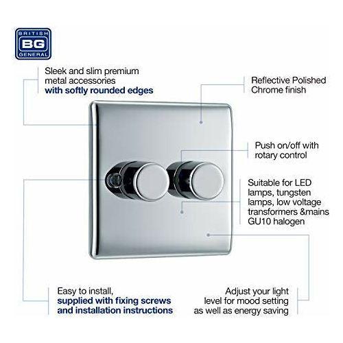 BG Electrical Double Dimmer Light Switch, Polished Chrome, 2-Way, 400 W 2