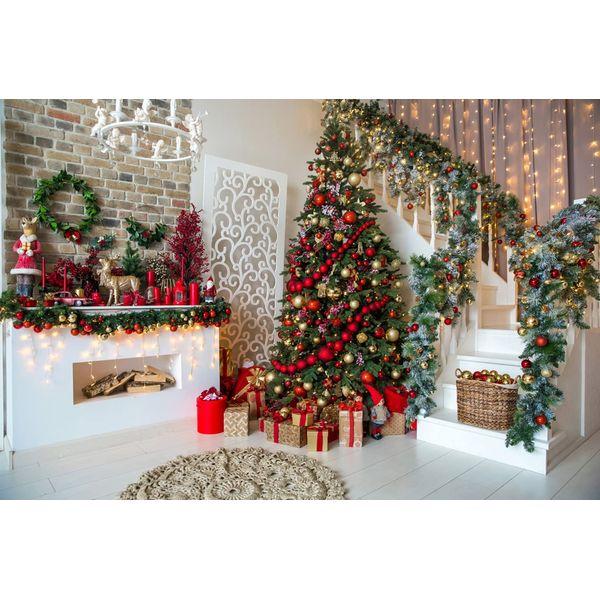AIIKES 10x10FT Merry Christmas Backdrop Indoor Stairs Holly Fireplace Backdrops Kids Adult Portrait Shooting Background Xmas Party Decoration Photography Backgrounds Photo Booth Studio Props 11-752 0